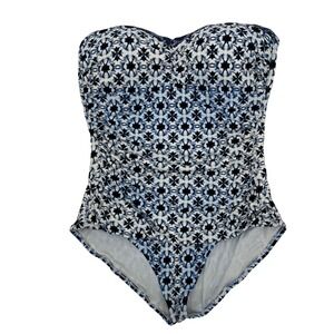 Tommy Bahama Womens Blue White Geometric Tile Bandeau One Piece Swimsuit 14